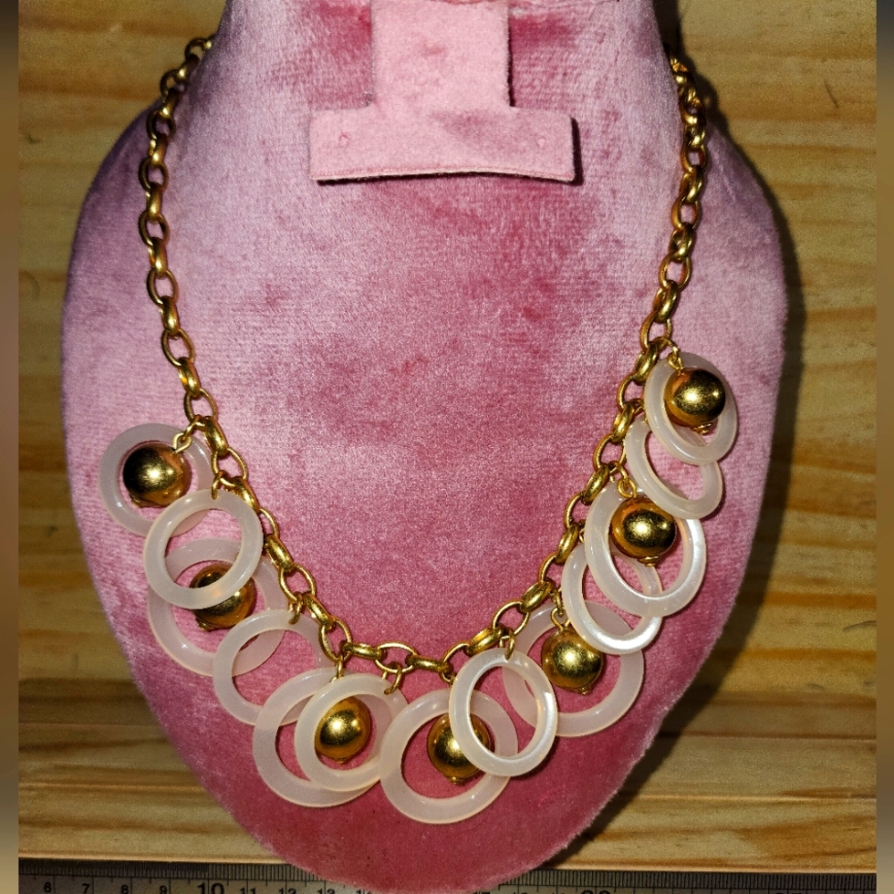 J Crew Gold Tone Chain, Gold Balls and Light Pink Circle Necklace 18"-22"